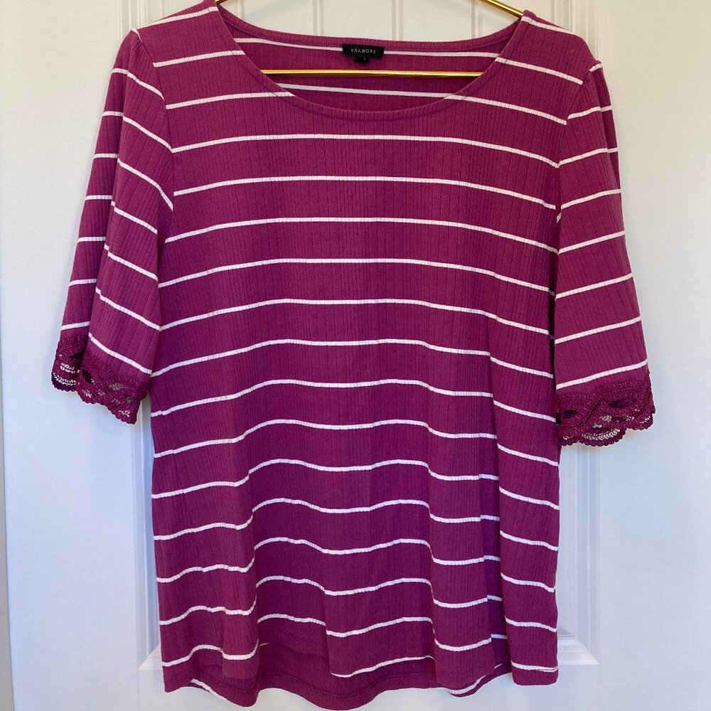 Talbots Fuchsia Stripe Tee, Women’s XL – Lace Sleeve Detail